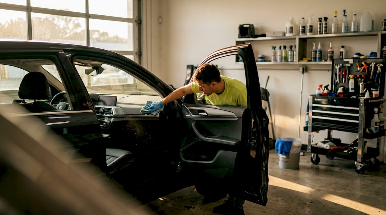 Hands cleaning car interior during detailing