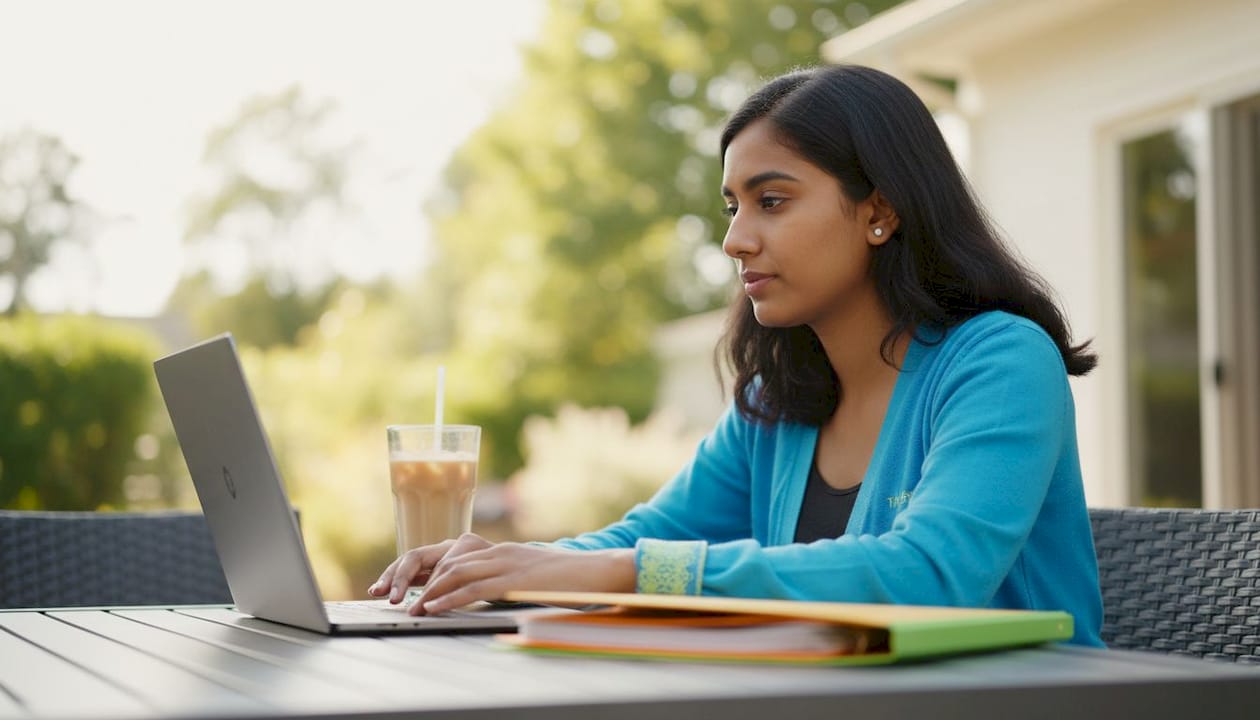 Woman typing car sale listing laptop at kitchen table