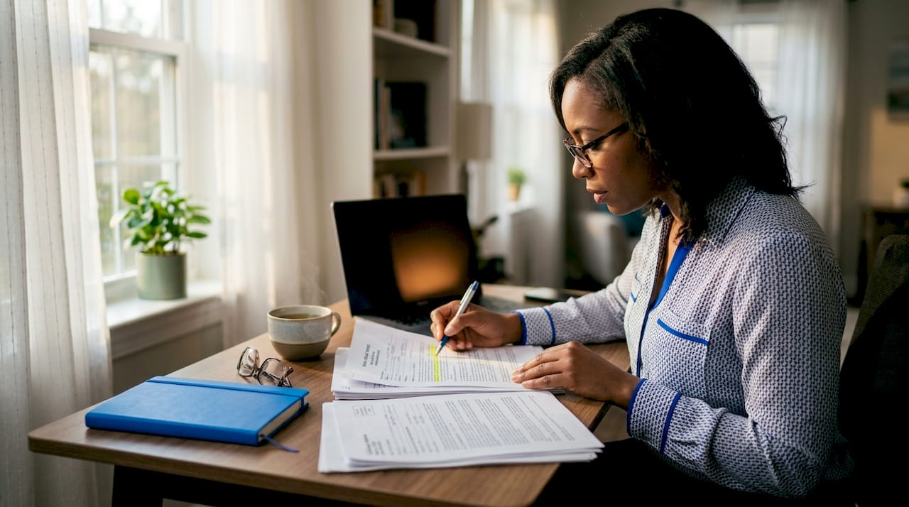 Woman reviewing salvage title documents at table
