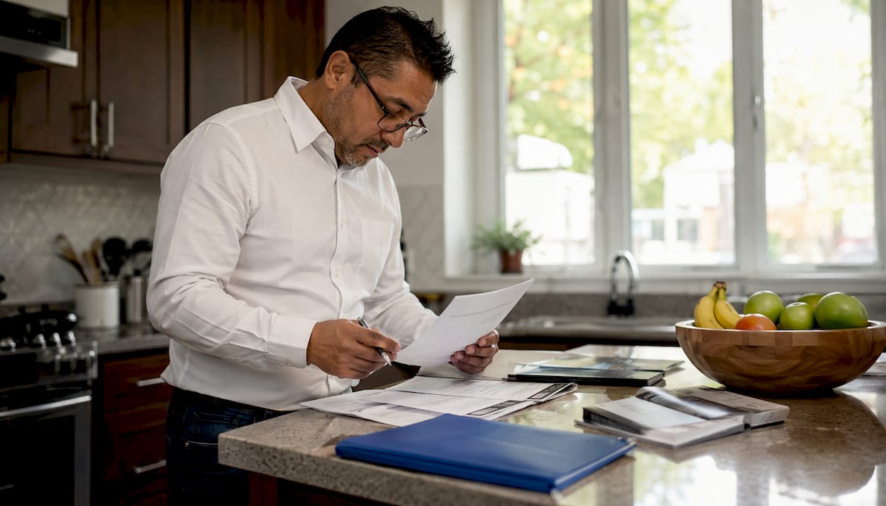 Man reviewing car sale documents at desk