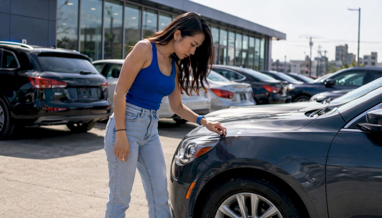 Customer inspecting car outdoors at dealership