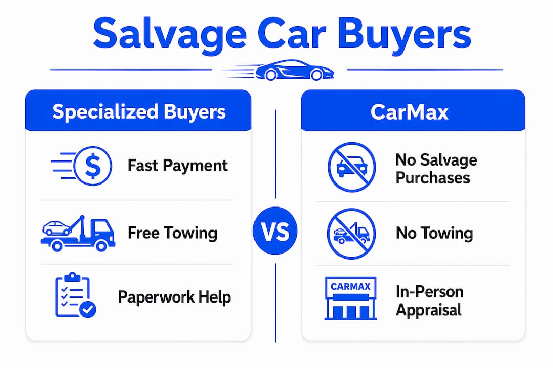 Infographic comparing salvage car buyers CarMax and specialized in NY/NJ