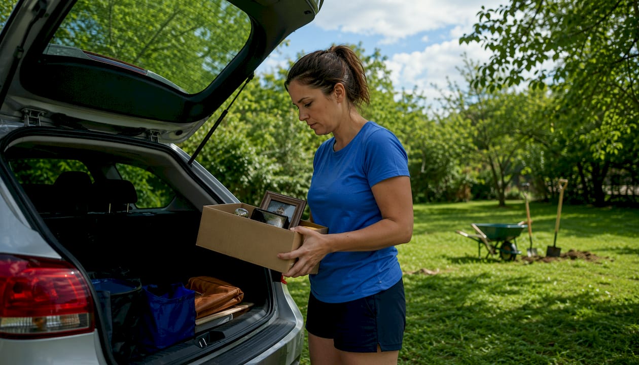 Woman clearing car interior in garage before appraisal