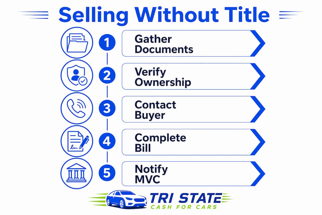 Infographic illustrating steps to sell car without title in New Jersey