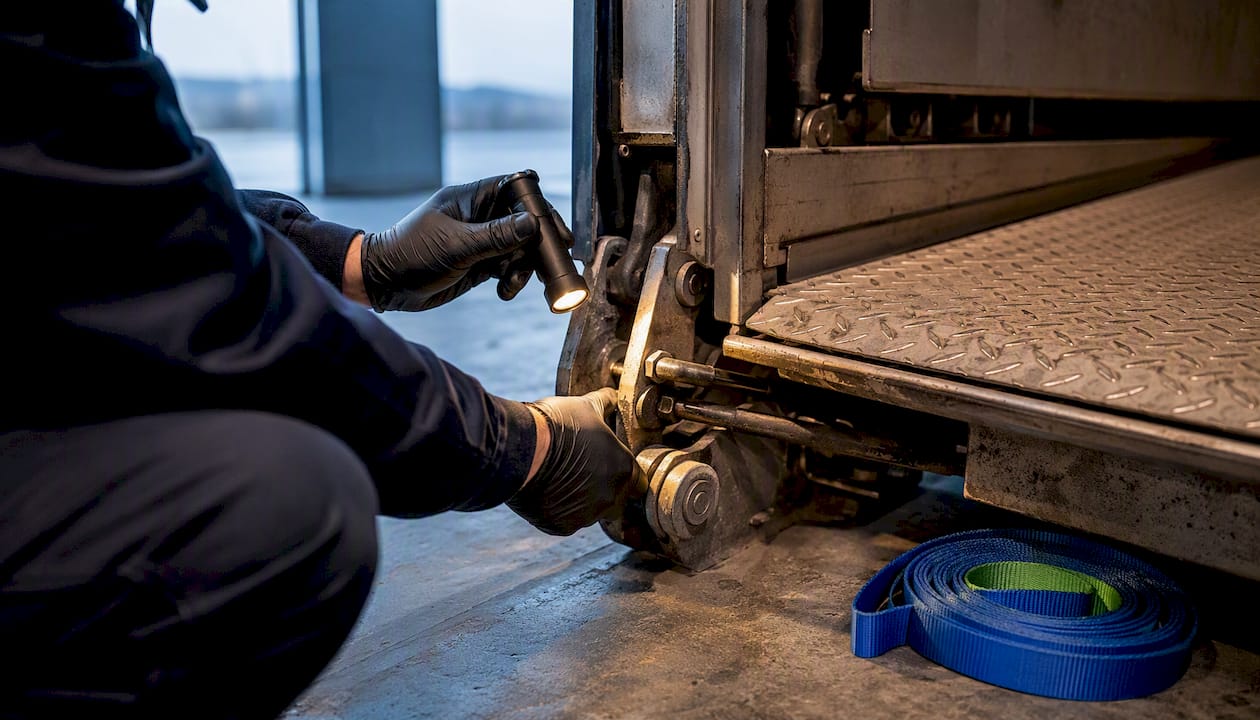 Technician inspecting commercial vehicle lift gate
