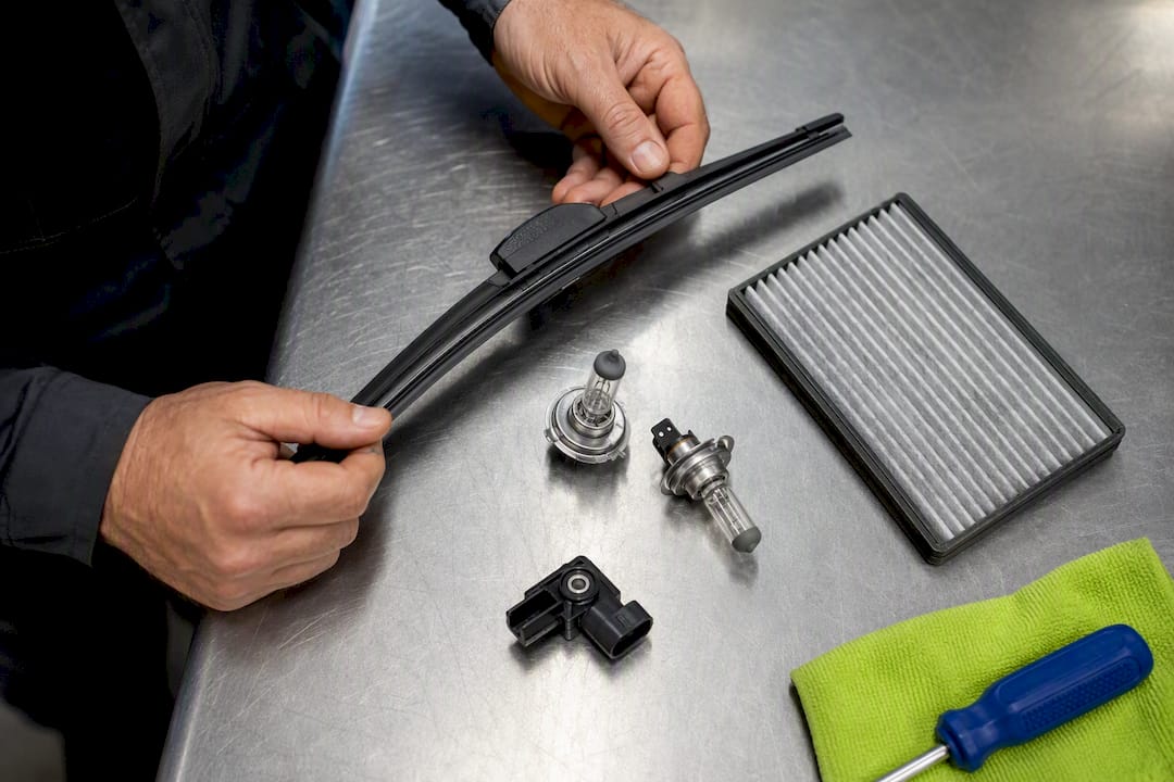 Low-cost vehicle repair parts on workbench
