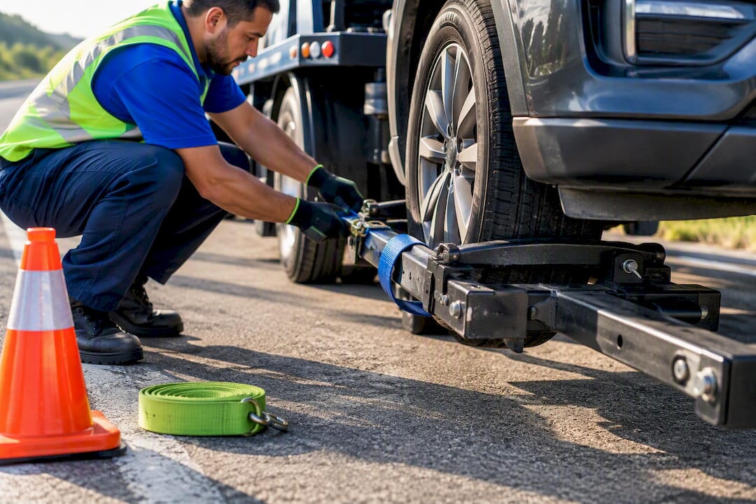 Tow operator securing non-running vehicle