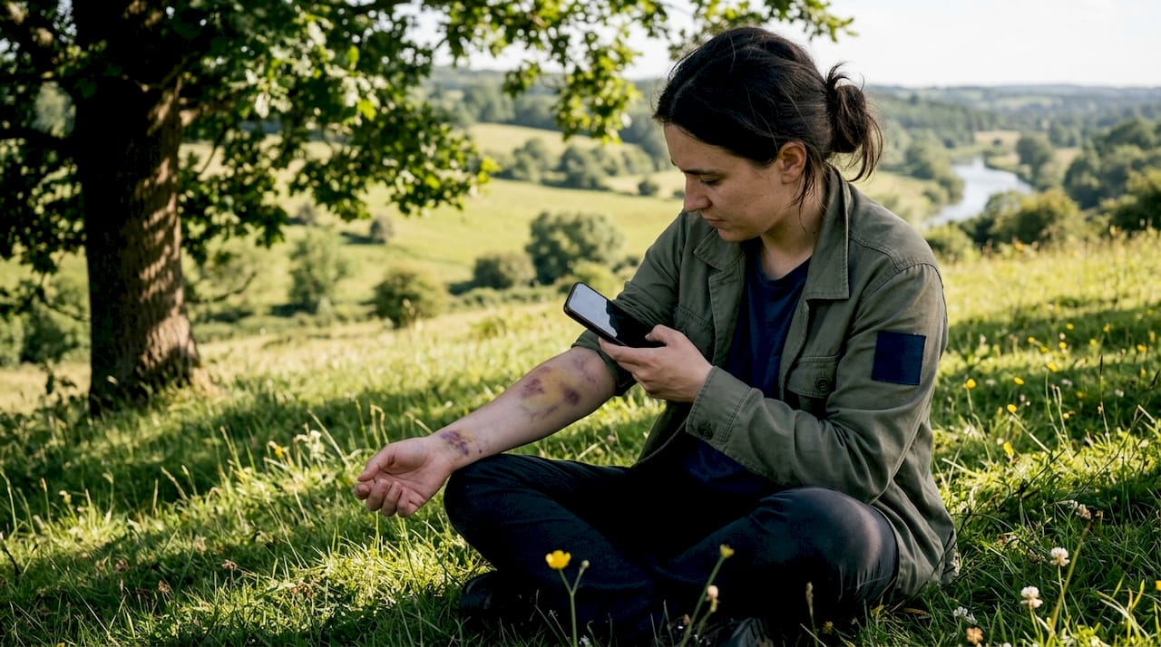 Hands taking injury photos with smartphone outdoors