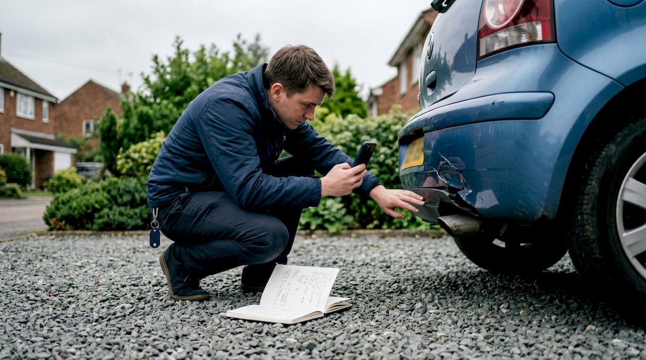 Hands photographing car accident damage outdoors