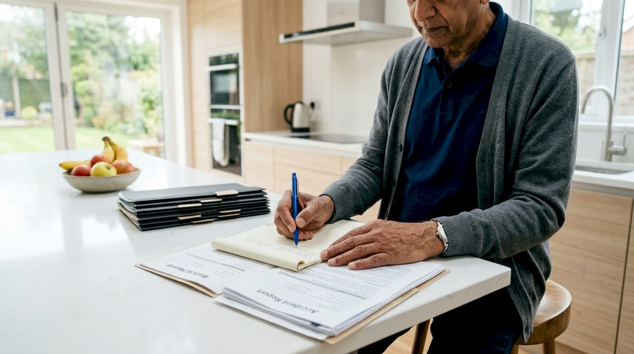Hands reviewing injury claim documents at home