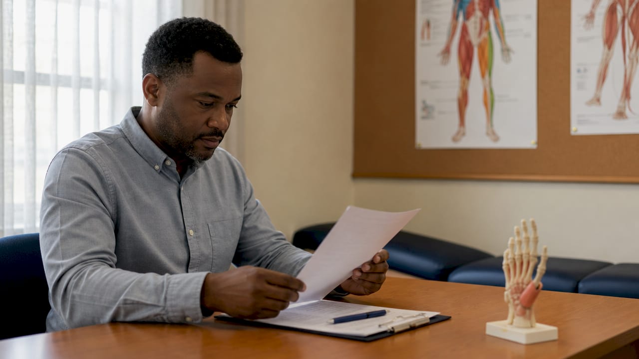 Physiatrist hands annotating certification document