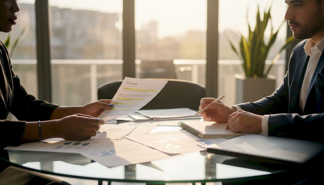 Hands calculating settlement values at office table