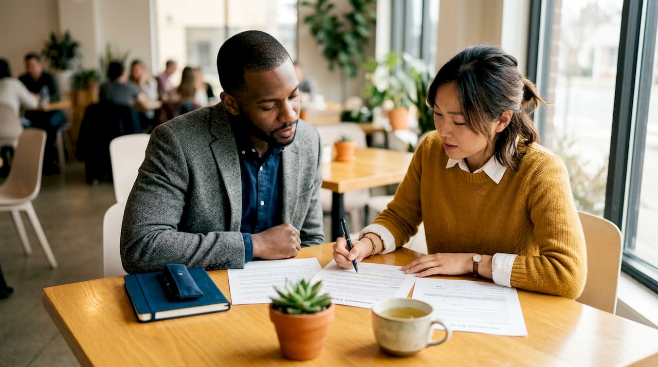 Two professionals discussing liability insurance documents