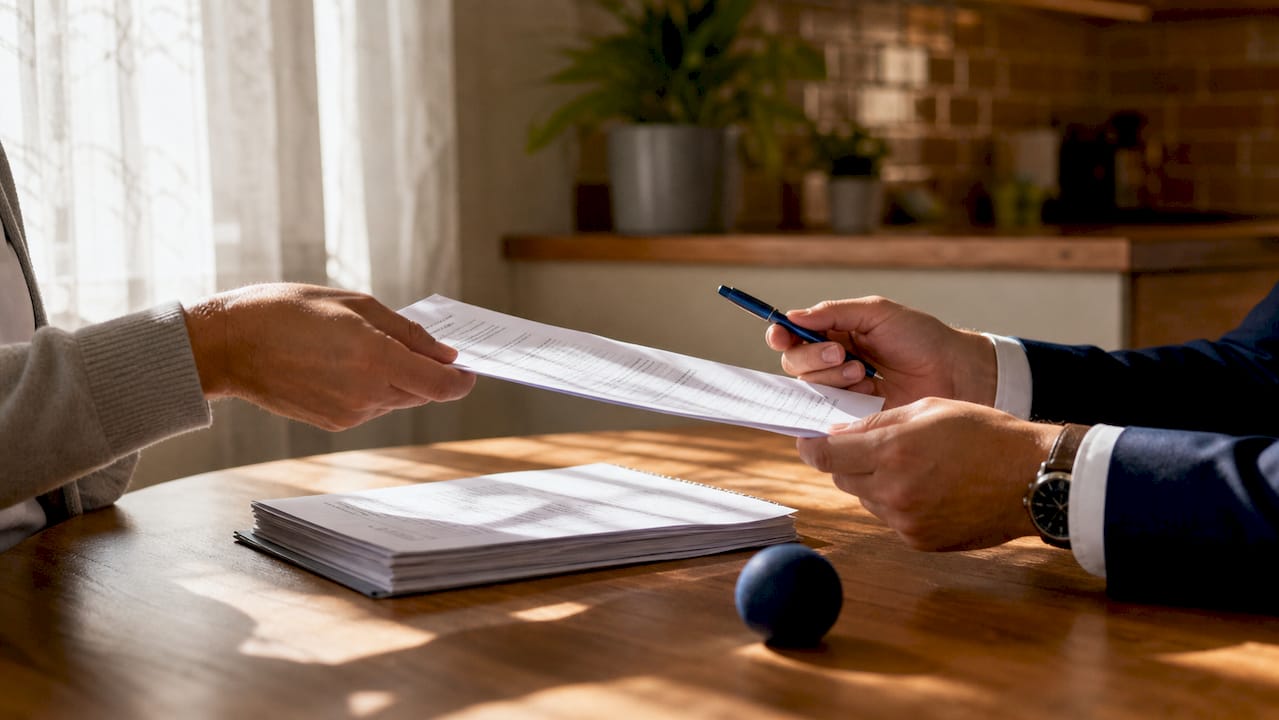 Close-up of hands exchanging injury settlement documents