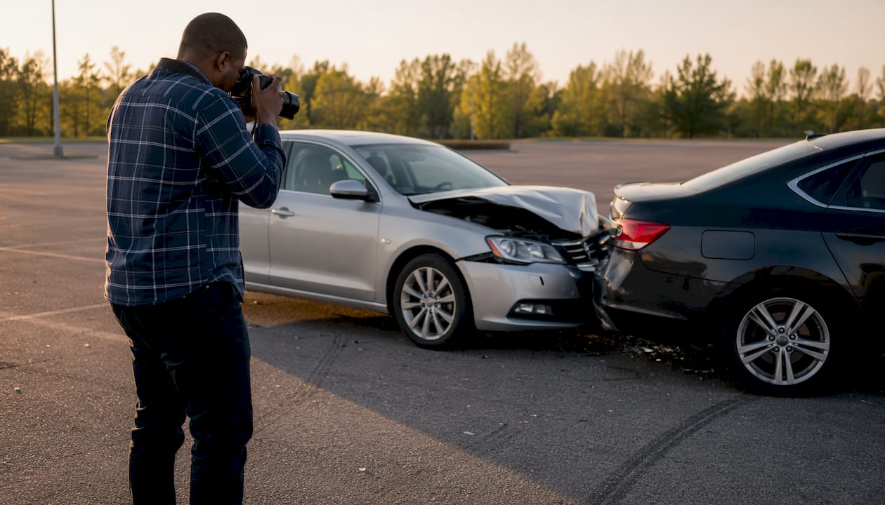 Hands photographing car accident damage
