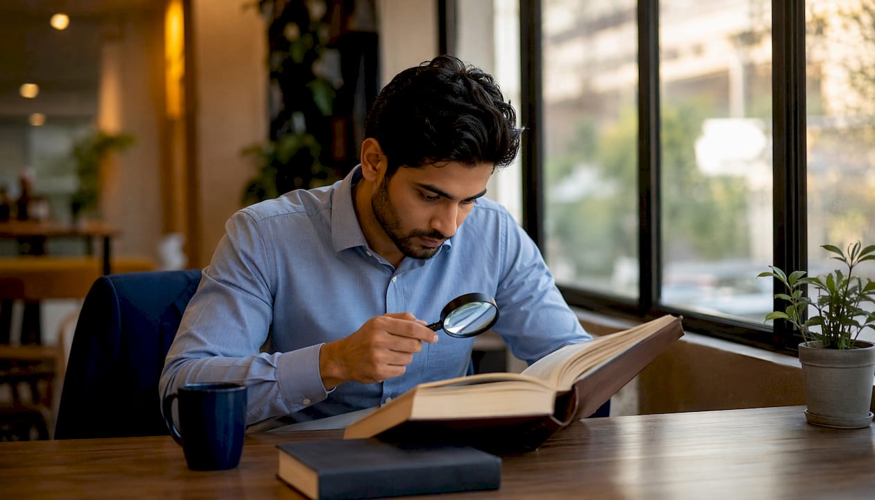Lawyer examining legal directory with magnifier