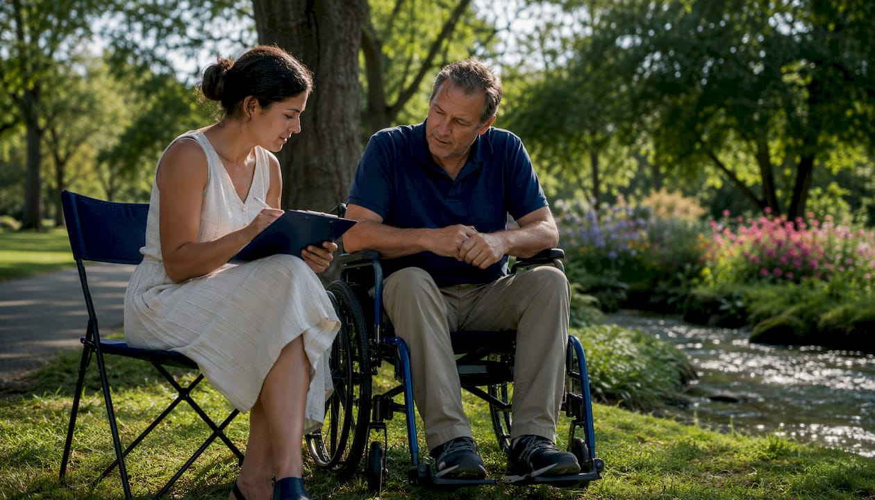 Two people discussing accident report outdoors