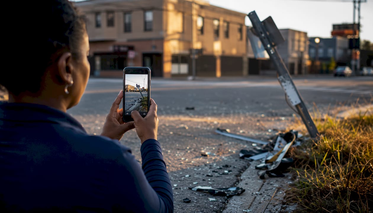 Close-up of hand photographing accident environment