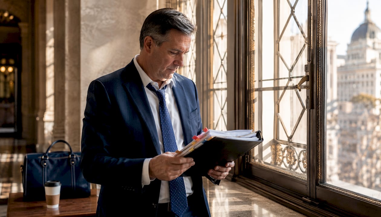 Plaintiff preparing documents in courthouse hallway