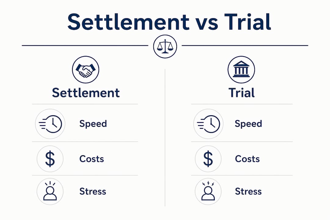 Infographic comparing settlement and trial factors