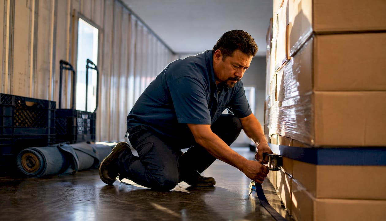Warehouse worker securing cargo inside trailer