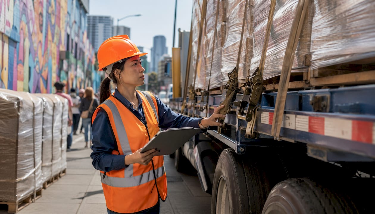 Truck driver inspecting cargo securing straps