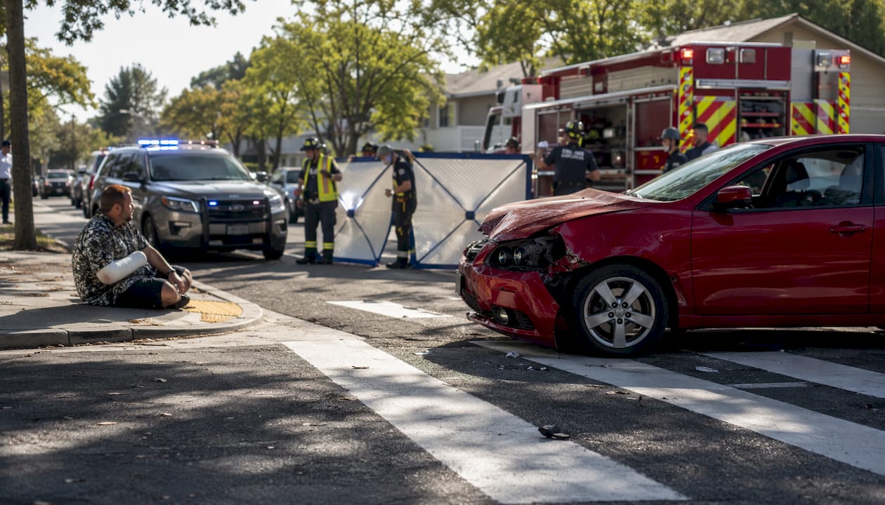 Accident scene with stopped car and injured pedestrian