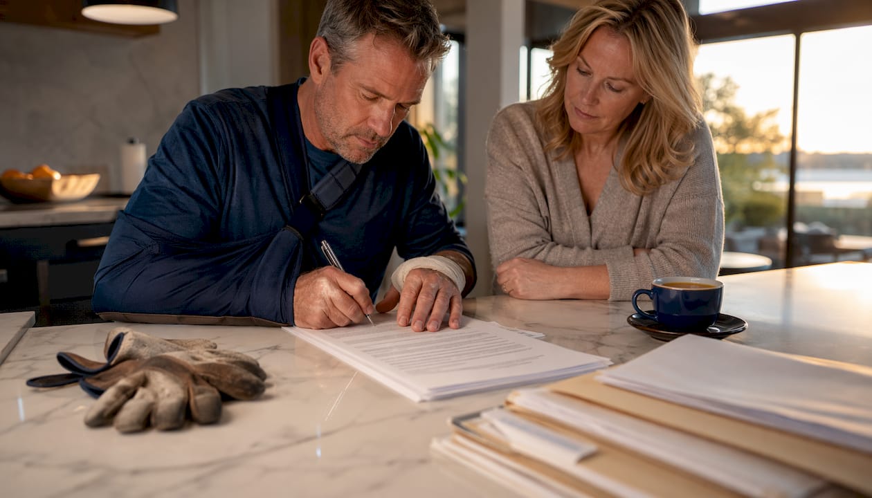 Injured worker signing third-party lawsuit papers at home