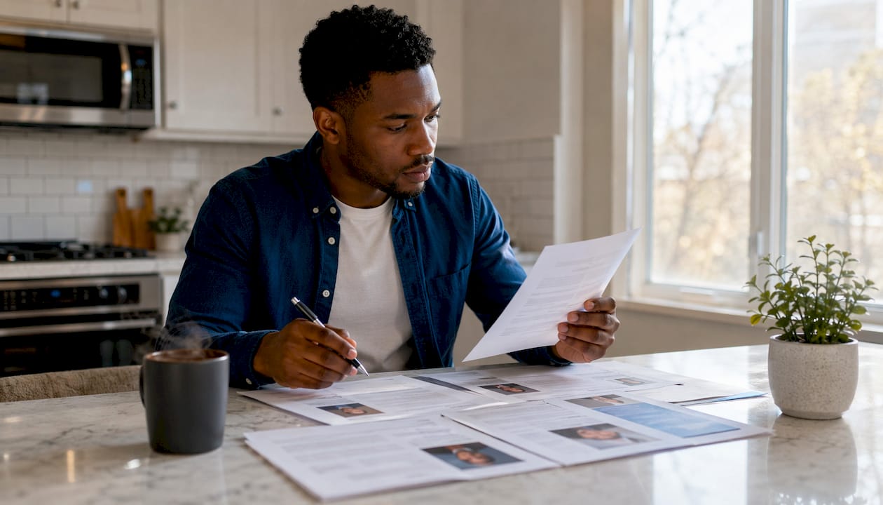 Hands comparing attorney documents at home