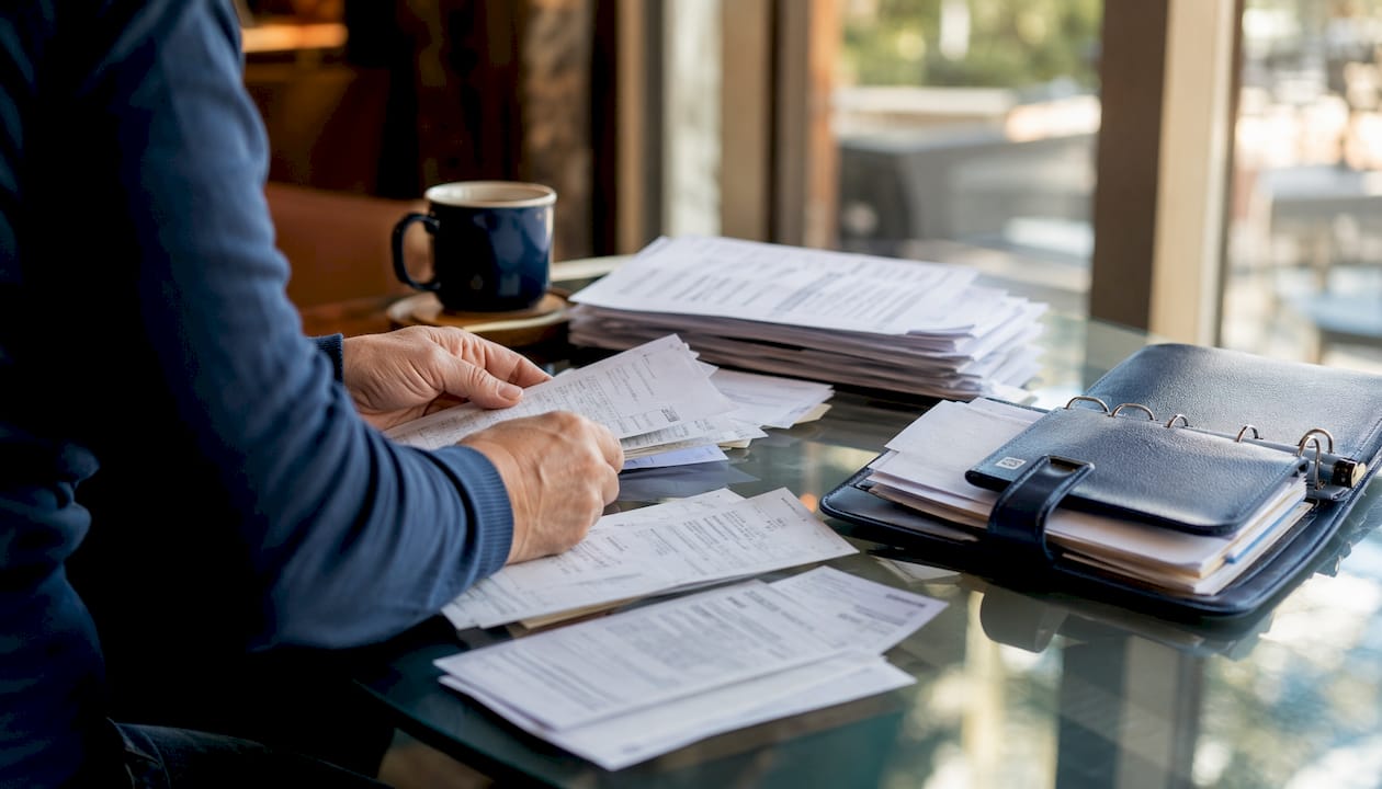 Hands organizing medical bills for PIP claim