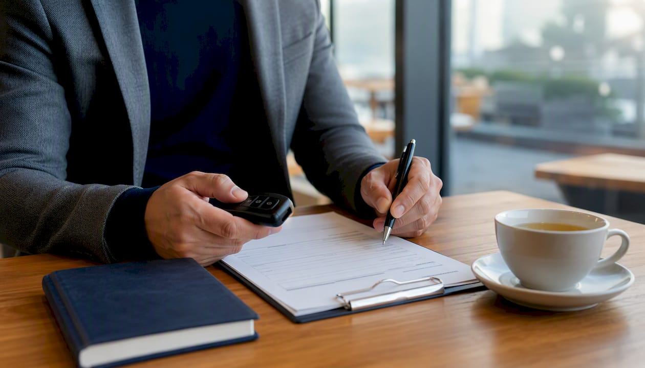 Hands holding car key over insurance documents