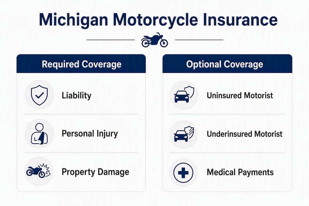 Infographic comparing required and optional Michigan motorcycle insurance coverage