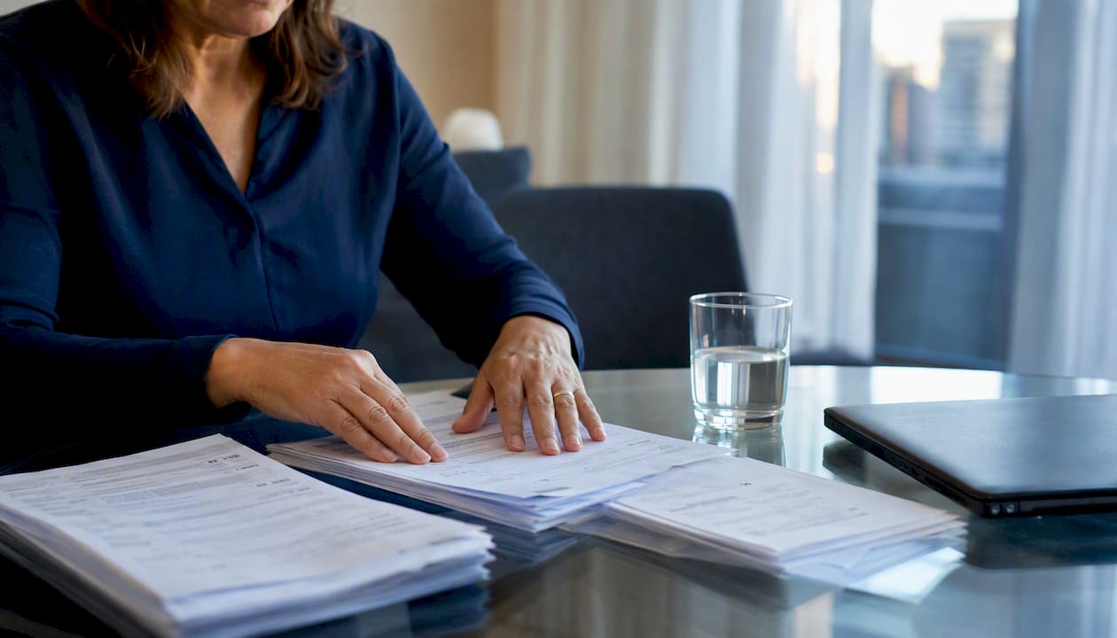 Hands sorting injury compensation documents overhead view