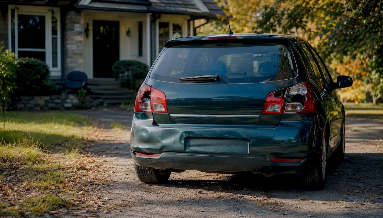 Damaged rear hatchback with broken brake lights