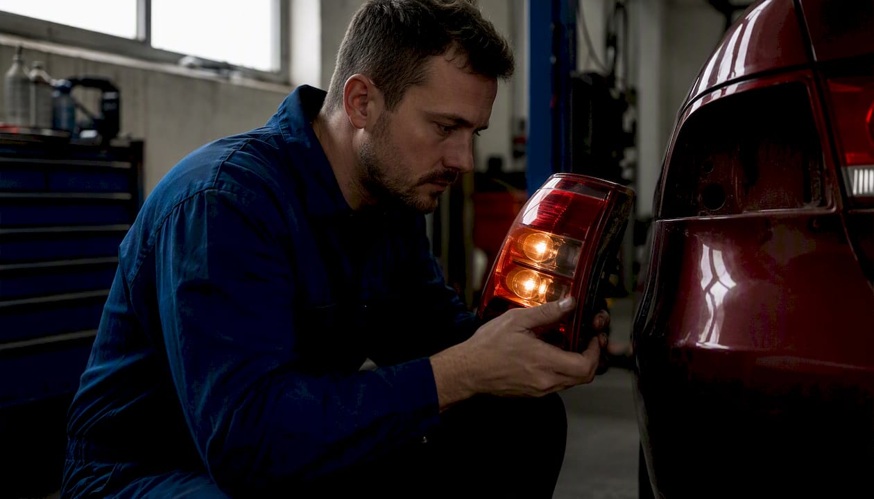 Mechanic inspecting brake lights in garage