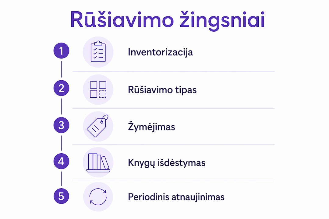 Vizualinis gidas, aiškiai parodantis, kaip žingsnis po žingsnio rūšiuojamos knygos