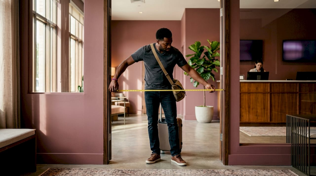 Tourist measuring hotel doorway width
