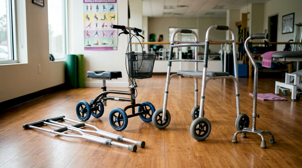 Top view of various mobility aids on floor