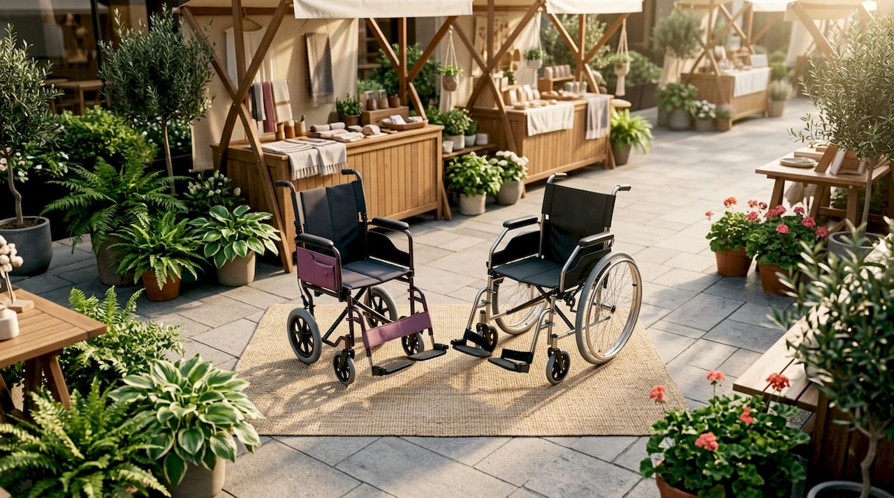 Side-by-side view of transport and standard wheelchairs