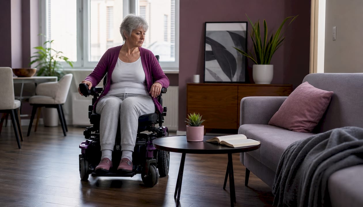 Woman using power wheelchair indoors in small hallway