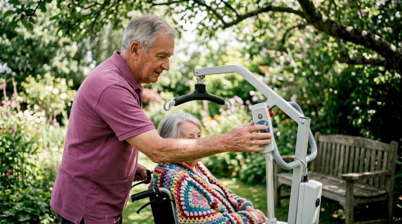 Caregiver adjusting patient lift sling attachment