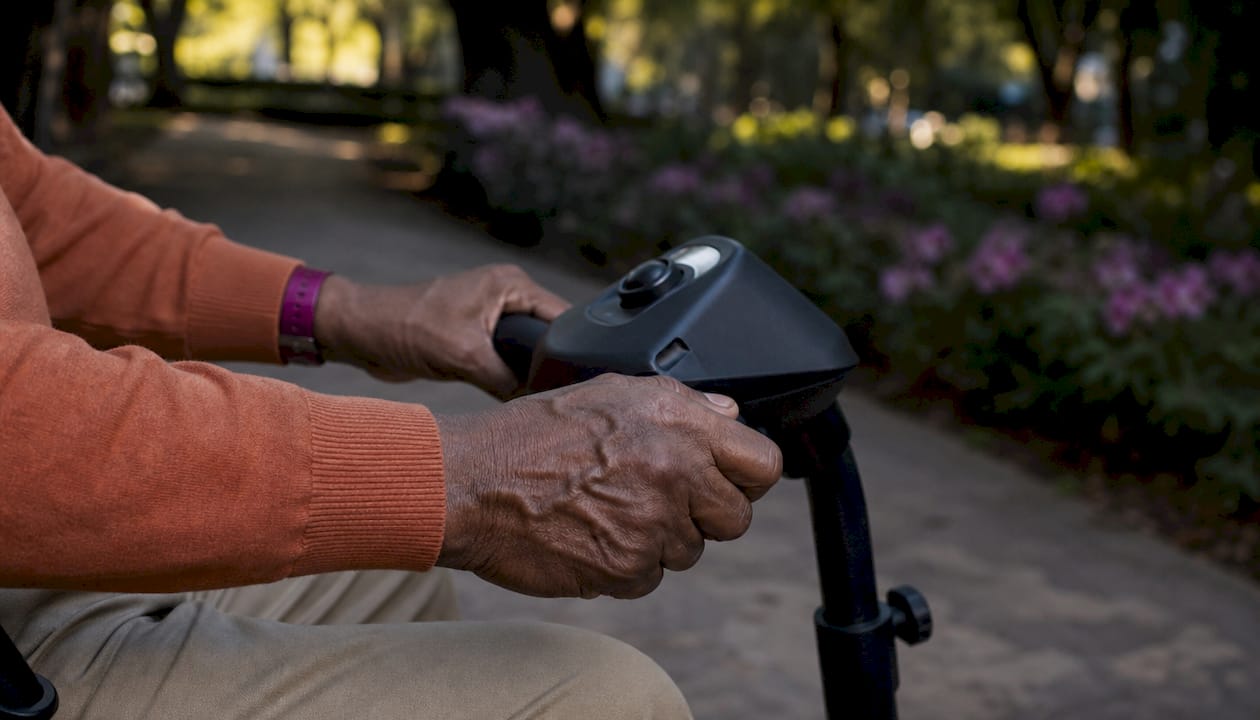 Close-up of hands operating scooter tiller controls outdoors