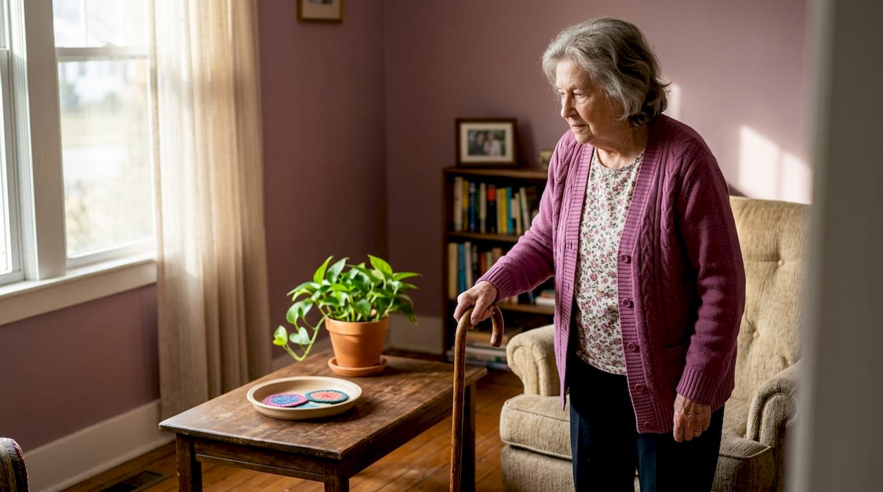 Elderly woman using cane indoors