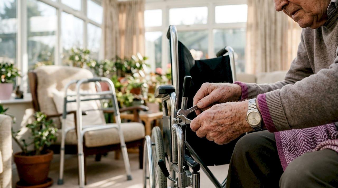 Elderly hands adjusting manual wheelchair brakes outdoors