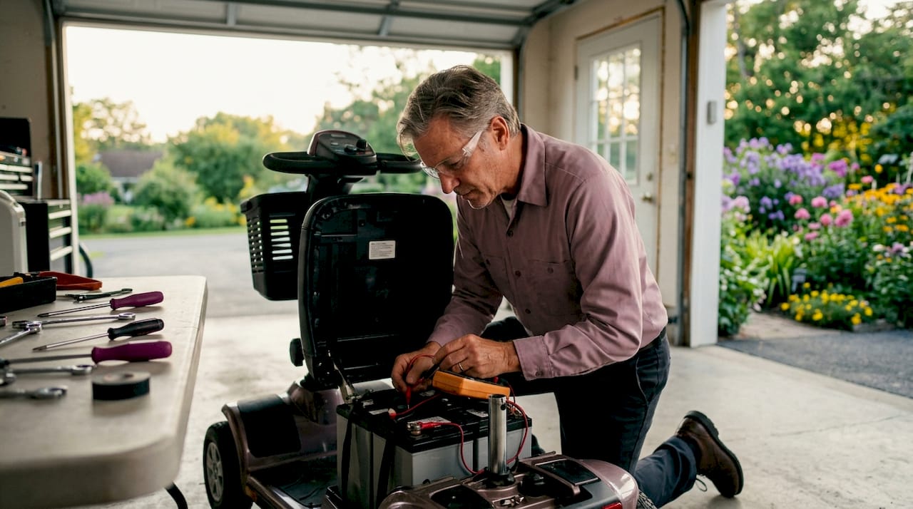 Technician inspecting mobility scooter battery