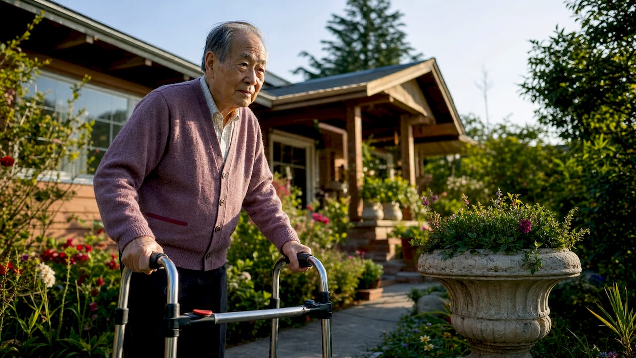 Elderly man using mobility walker indoors