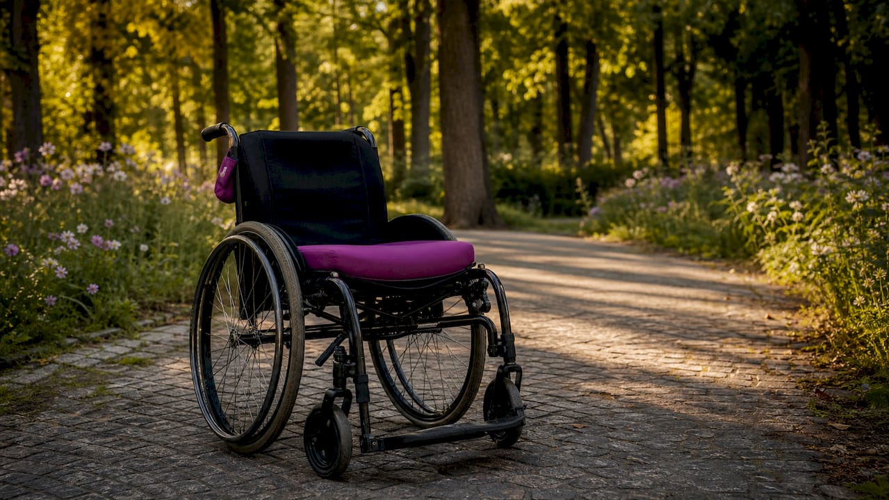 Manual wheelchair parked beside car outdoors