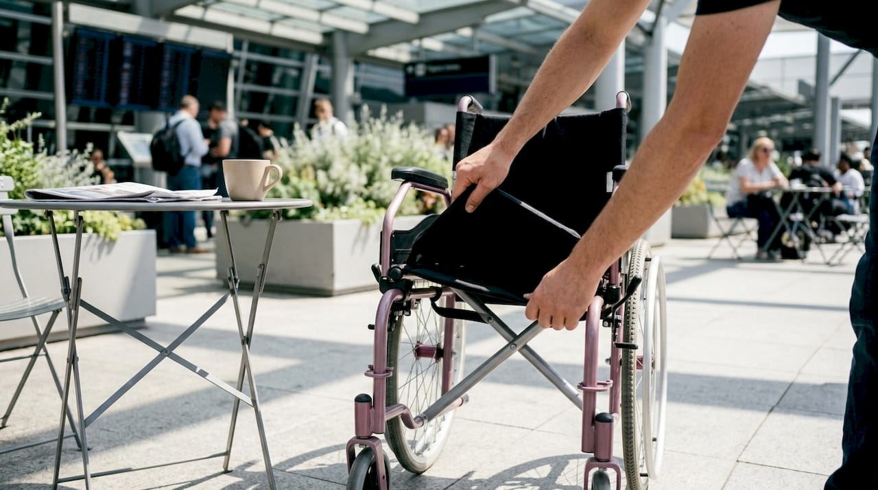 Hands folding manual wheelchair in airport lounge