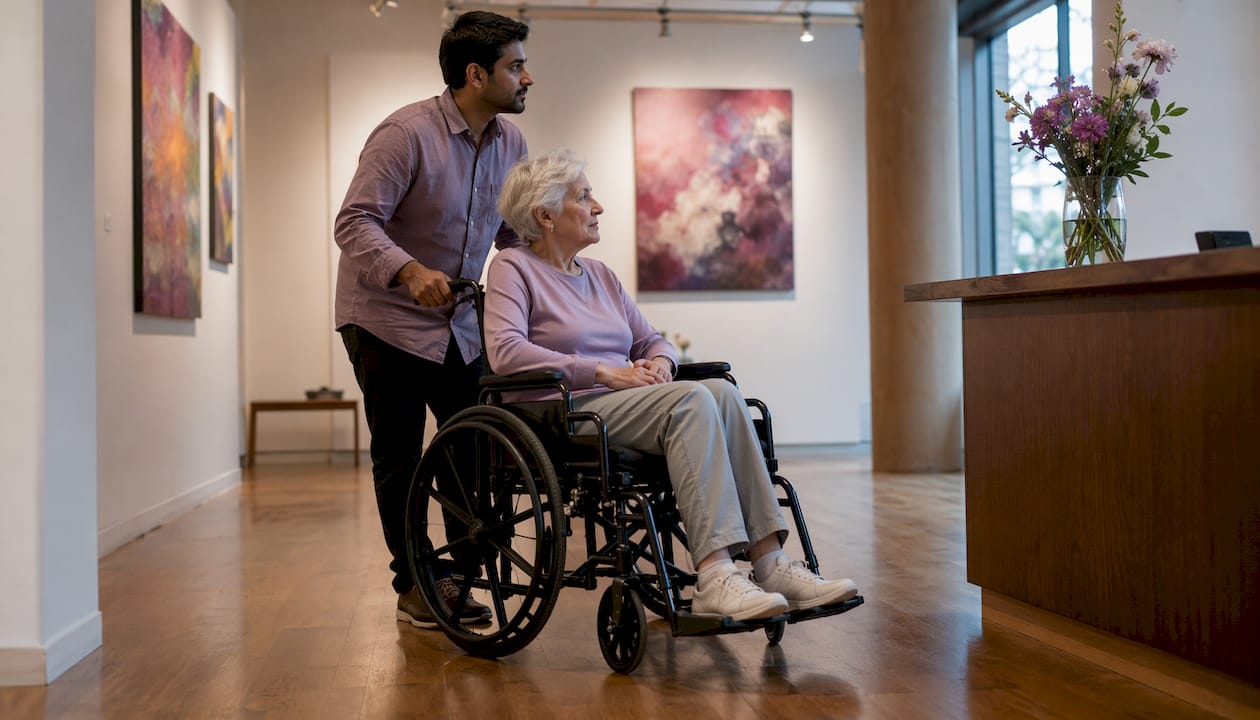 Companion pushing manual wheelchair indoors