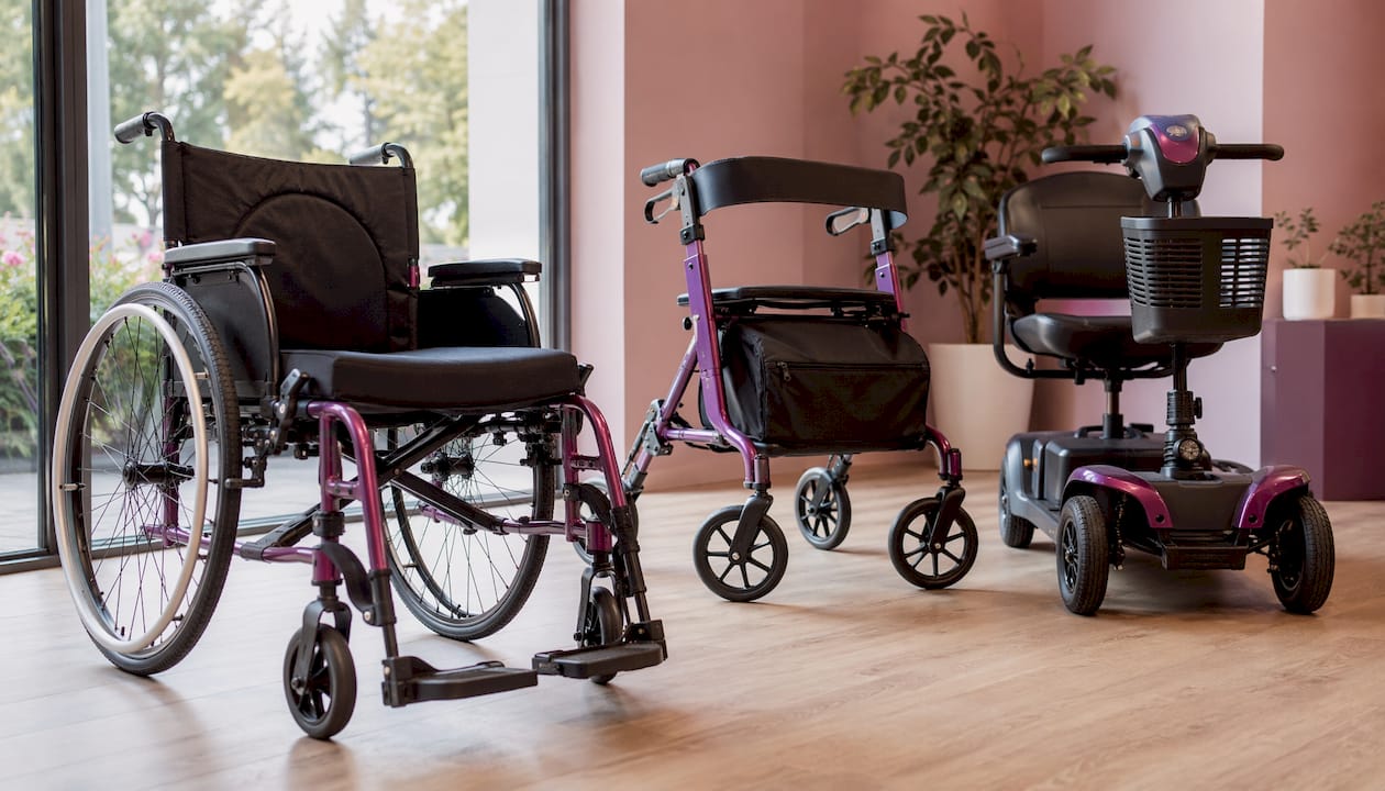 Close-up of various mobility aids in storefront